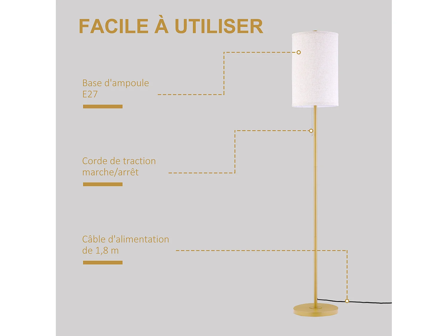 Lampadaire design néo-rétro 40 W max. piètement mât acier doré abat-jour lin crème