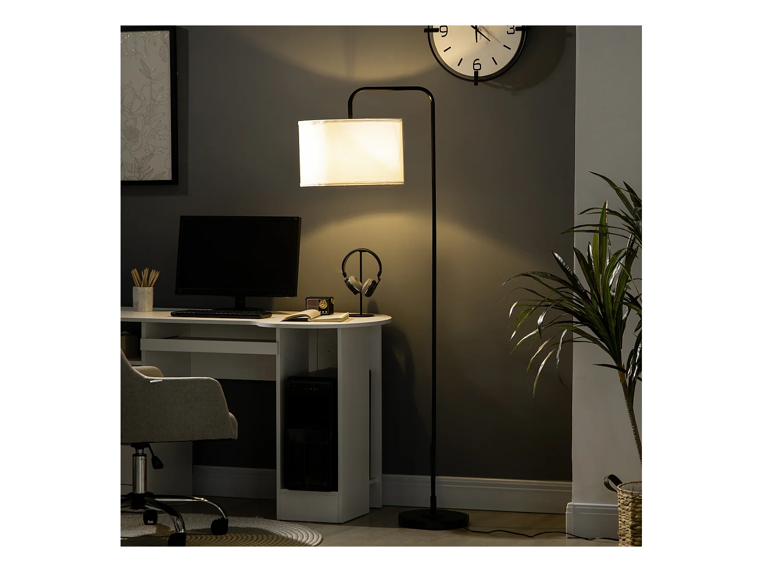 Lampadaire design néo-rétro max. 40 W 163H cm abat-jour circulaire aspect lin blanc piètement structure acier noir