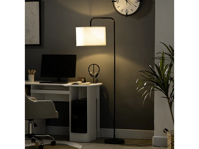 Lampadaire design néo-rétro max. 40 W 163H cm abat-jour circulaire aspect lin blanc piètement structure acier noir
