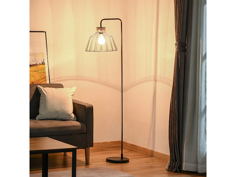 Lampadaire design industriel grillagé et arqué 40 W max. métal noir rotin