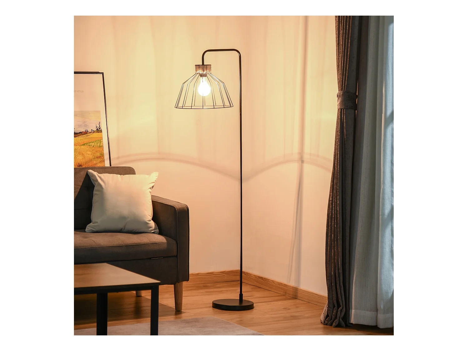 Lampadaire design industriel grillagé et arqué 40 W max. métal noir rotin