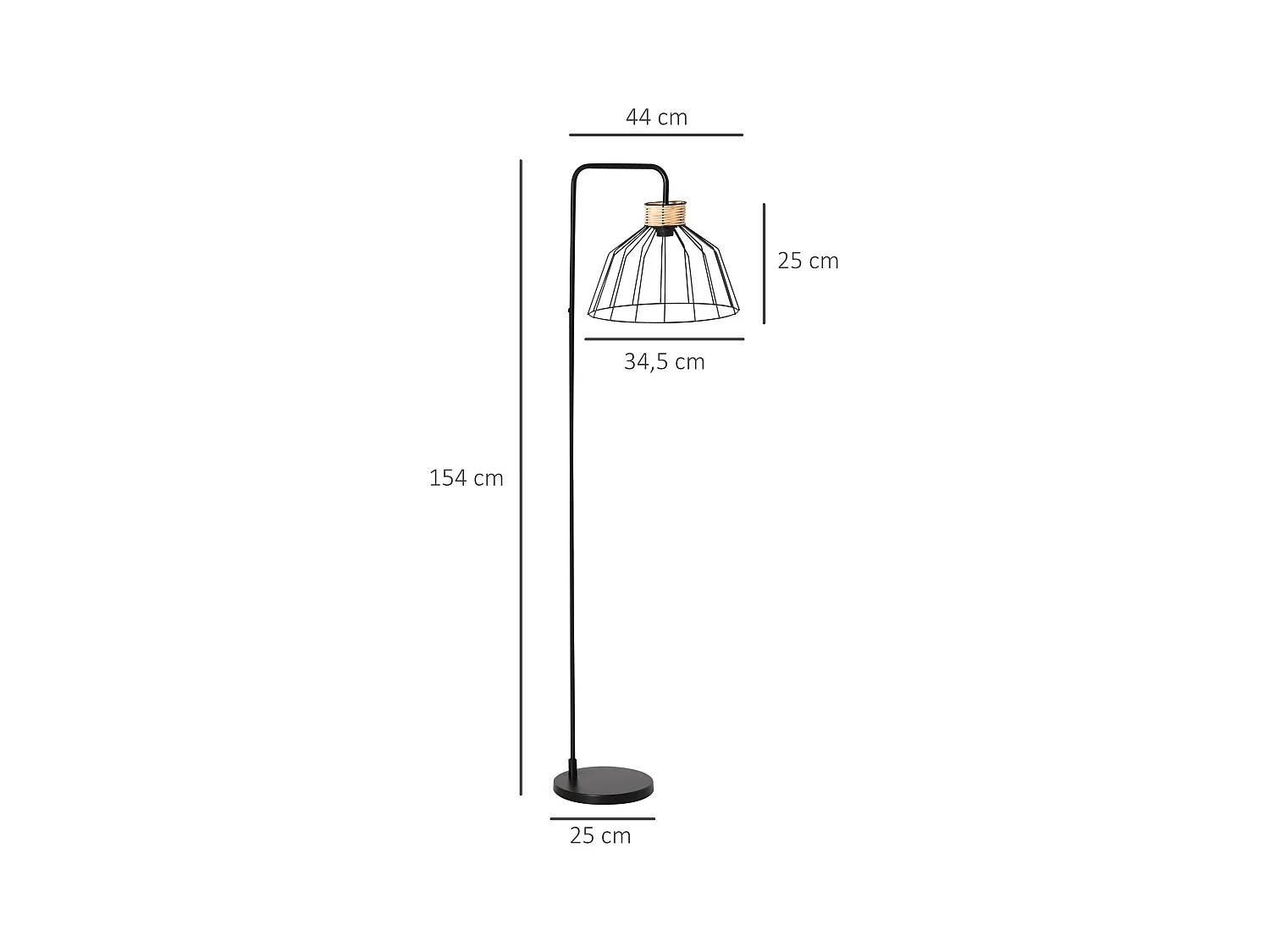 Lampadaire design industriel grillagé et arqué 40 W max. métal noir rotin