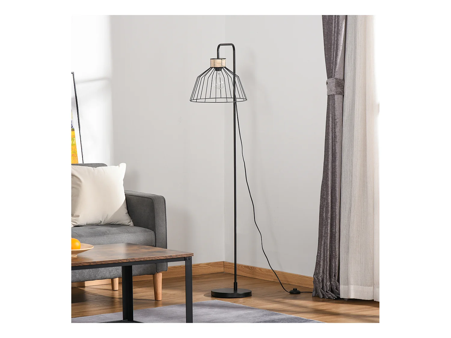 Lampadaire design industriel grillagé et arqué 40 W max. métal noir rotin