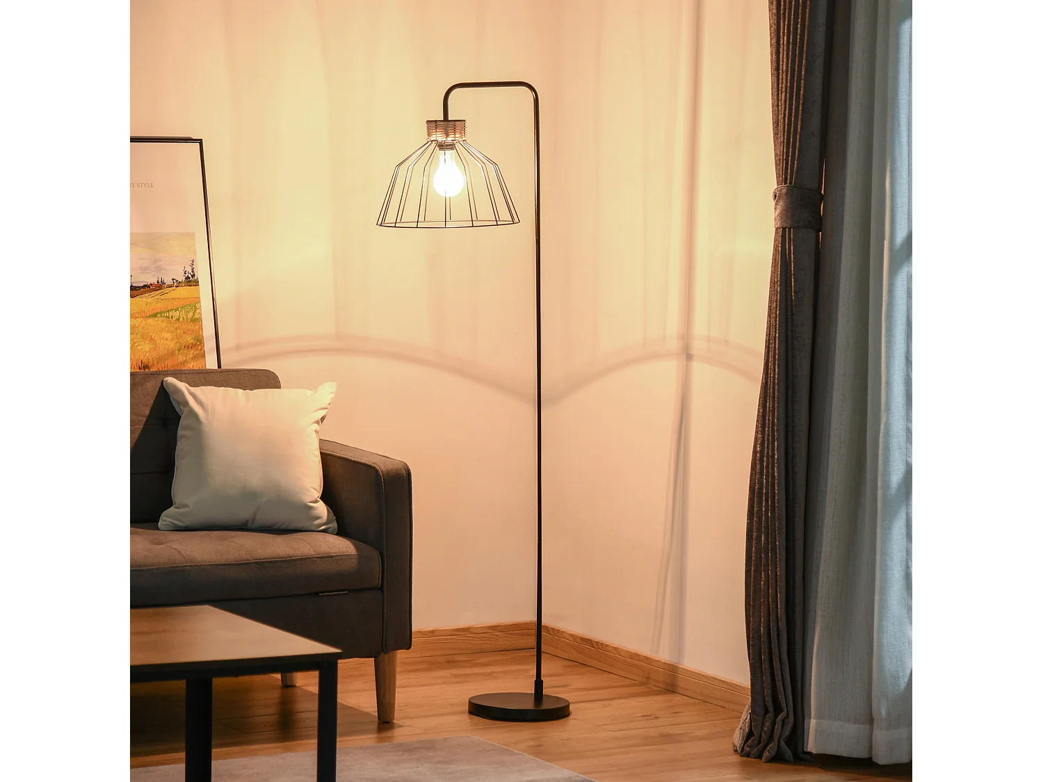 Lampadaire design industriel grillagé et arqué 40 W max. métal noir rotin