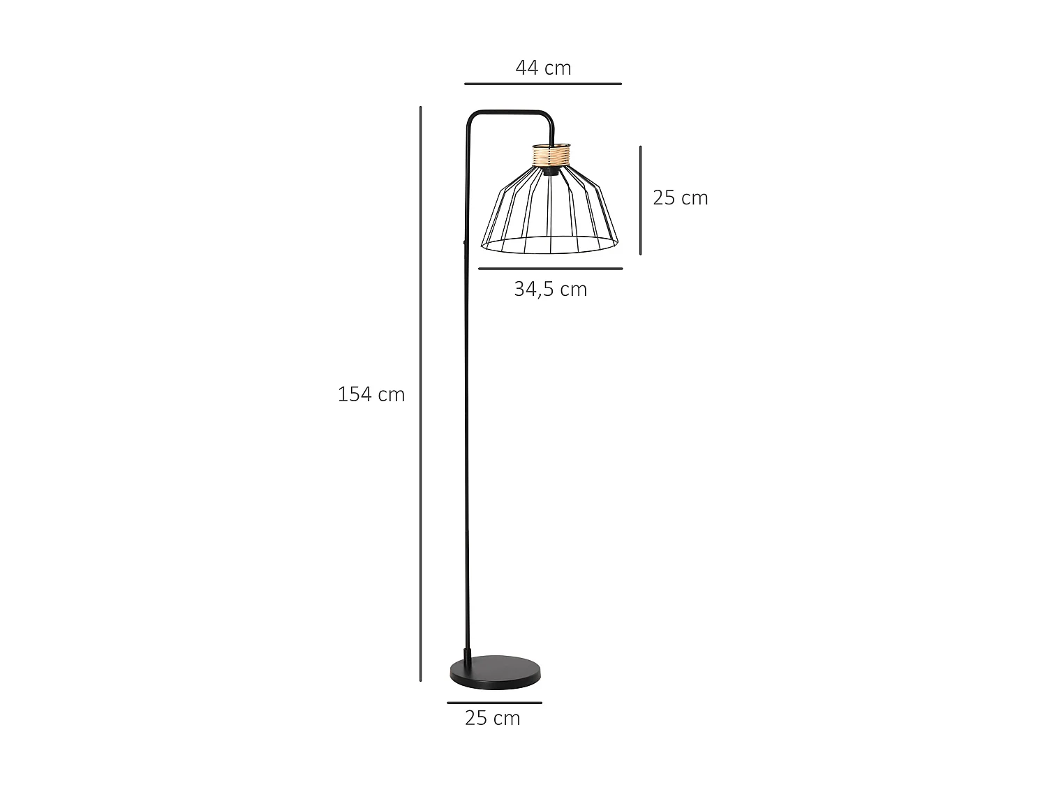 Lampadaire design industriel grillagé et arqué 40 W max. métal noir rotin