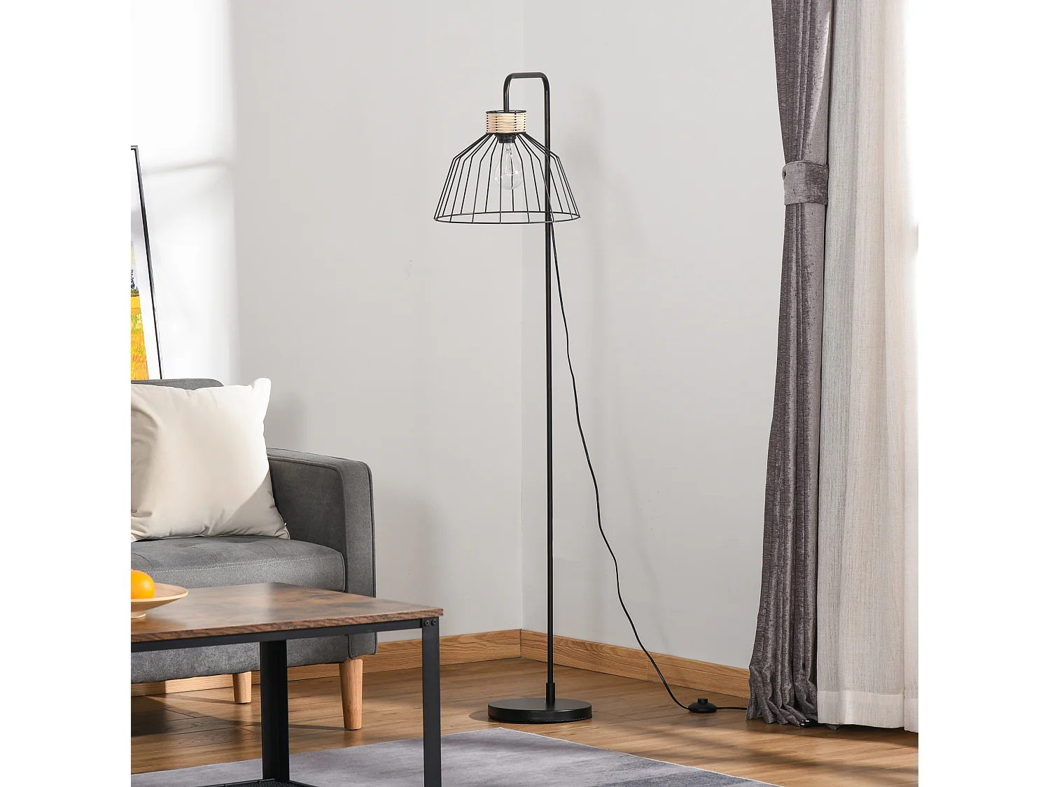 Lampadaire design industriel grillagé et arqué 40 W max. métal noir rotin
