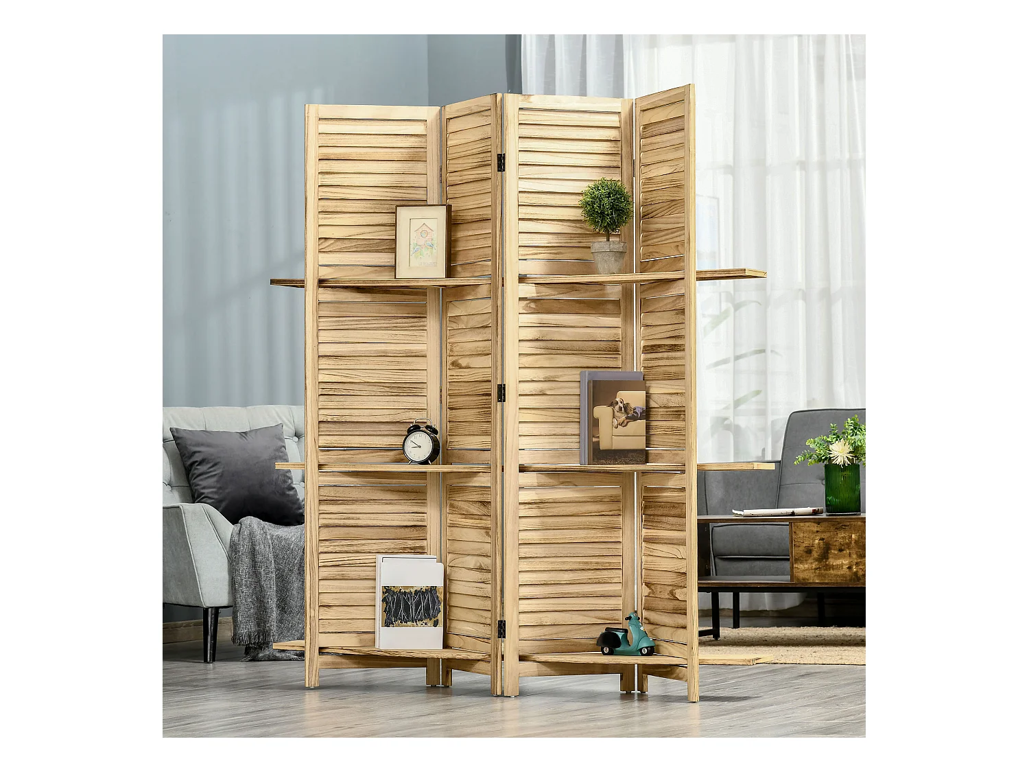 Paravent intérieur 4 panneaux 3 étagères pliables séparateur de pièce portes persiennes bois de paulownia aspect pin autoclave