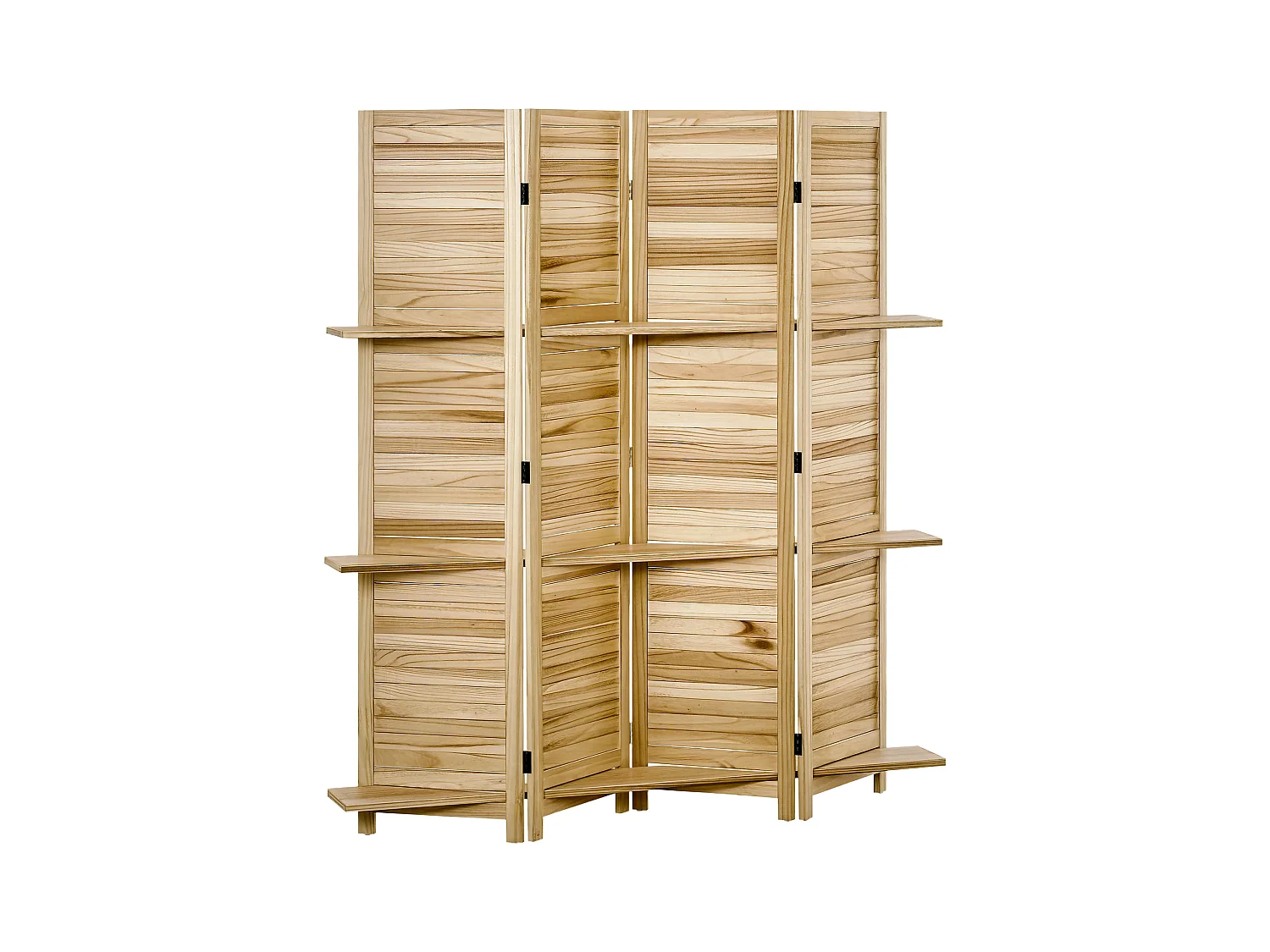 Paravent intérieur 4 panneaux 3 étagères pliables séparateur de pièce portes persiennes bois de paulownia aspect pin autoclave