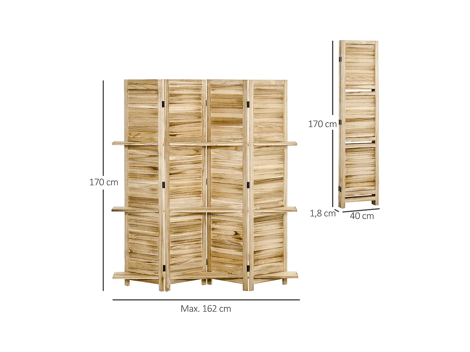 Paravent intérieur 4 panneaux 3 étagères pliables séparateur de pièce portes persiennes bois de paulownia aspect pin autoclave