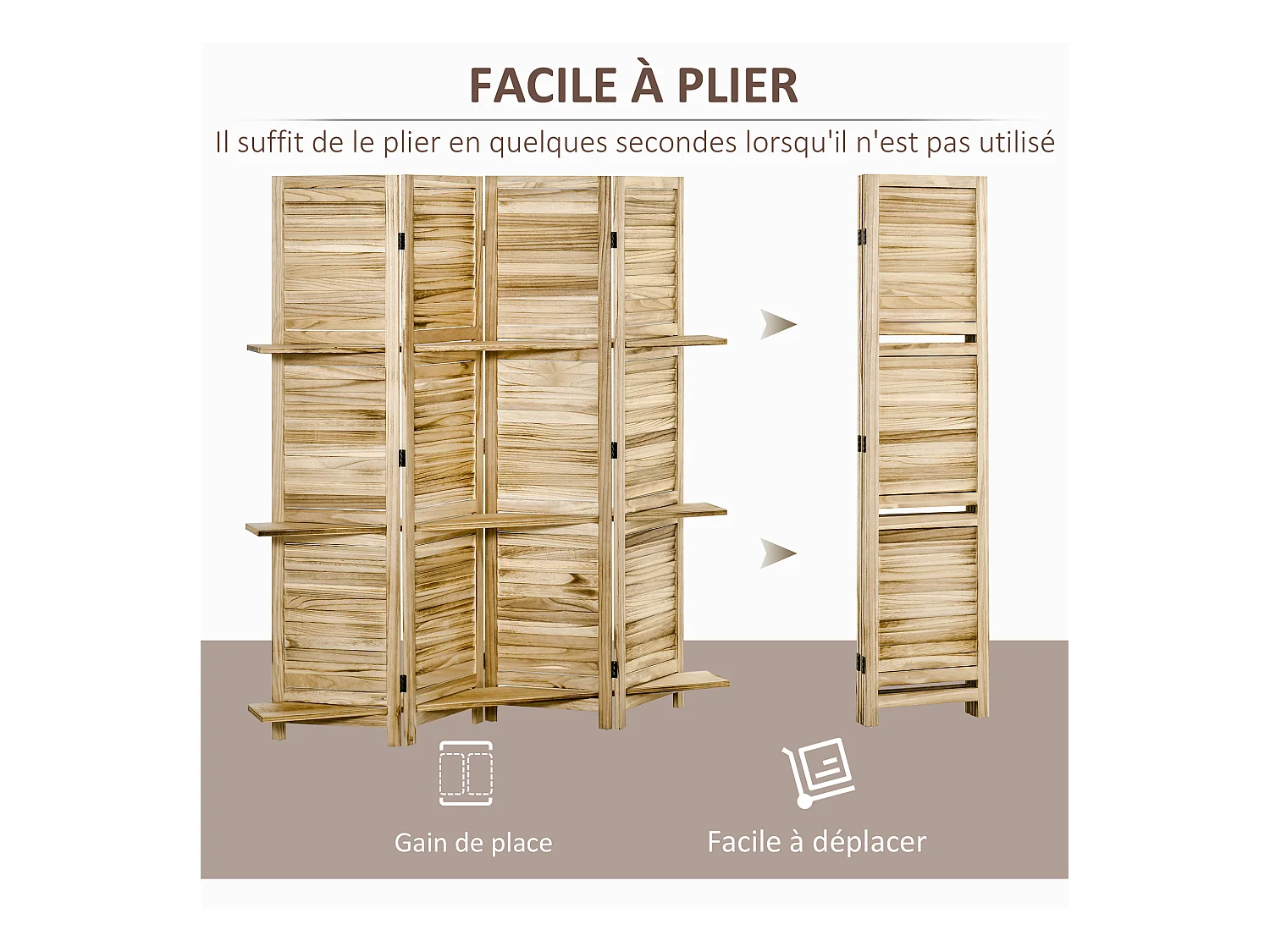 Paravent intérieur 4 panneaux 3 étagères pliables séparateur de pièce portes persiennes bois de paulownia aspect pin autoclave