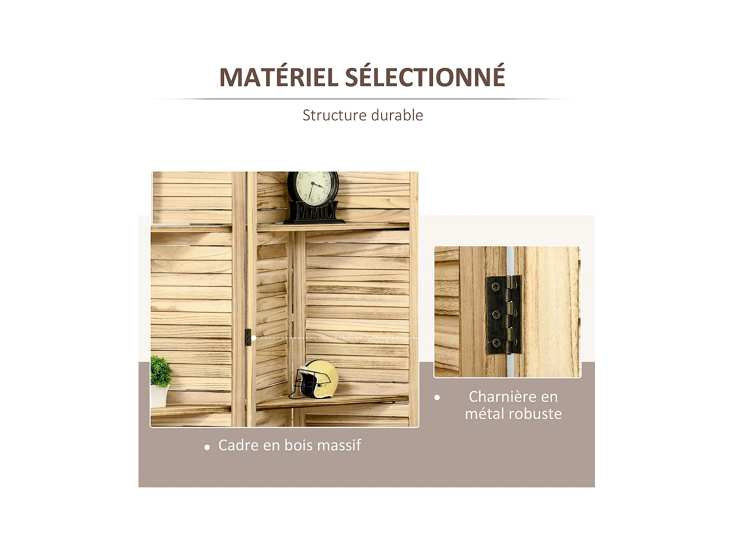 Paravent intérieur 4 panneaux 3 étagères pliables séparateur de pièce portes persiennes bois de paulownia aspect pin autoclave