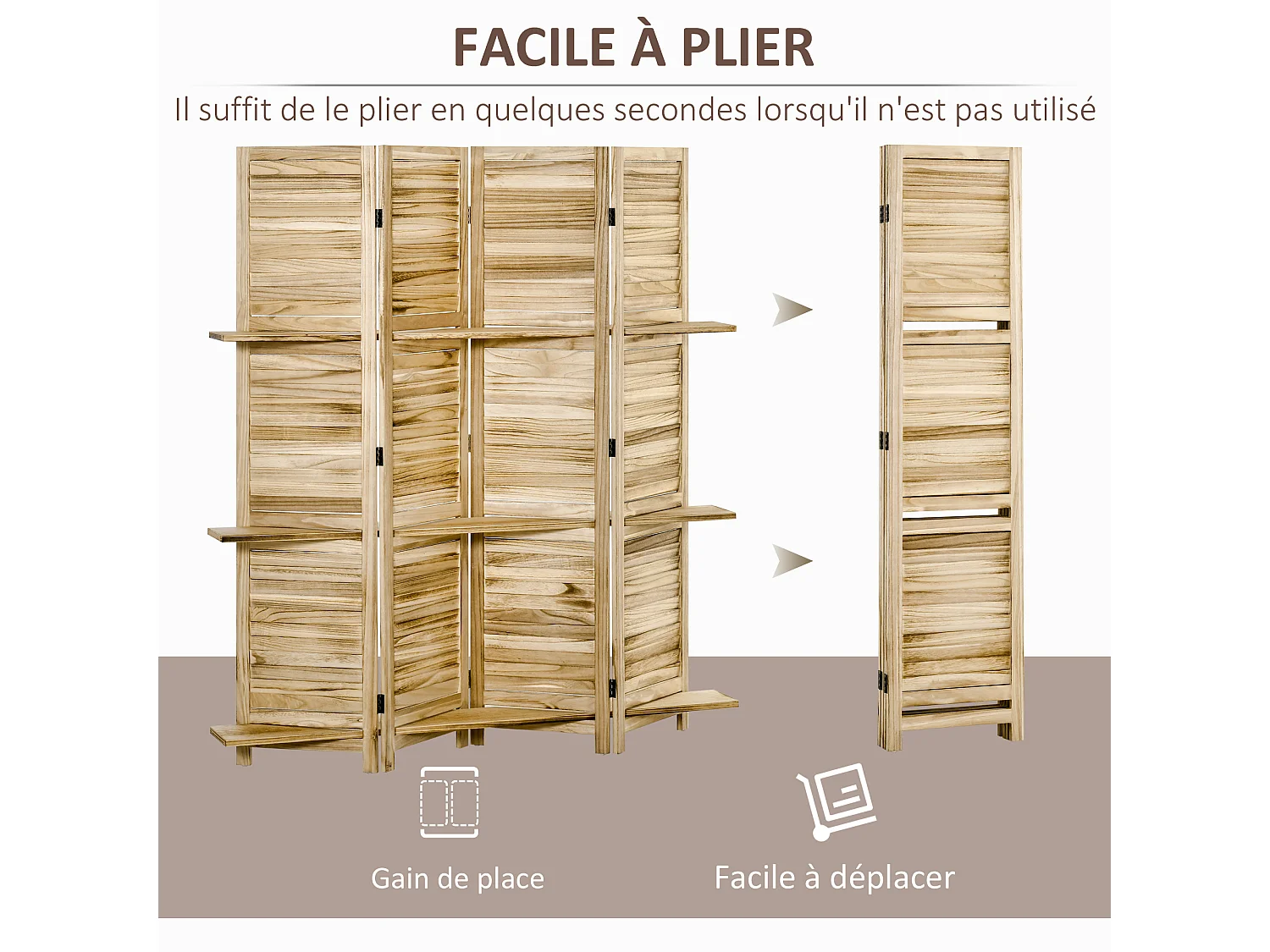 Paravent intérieur 4 panneaux 3 étagères pliables séparateur de pièce portes persiennes bois de paulownia aspect pin autoclave