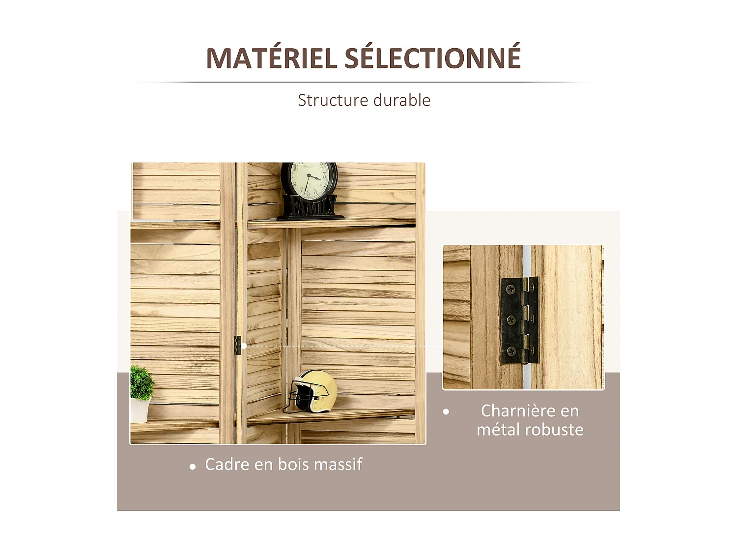 Paravent intérieur 4 panneaux 3 étagères pliables séparateur de pièce portes persiennes bois de paulownia aspect pin autoclave