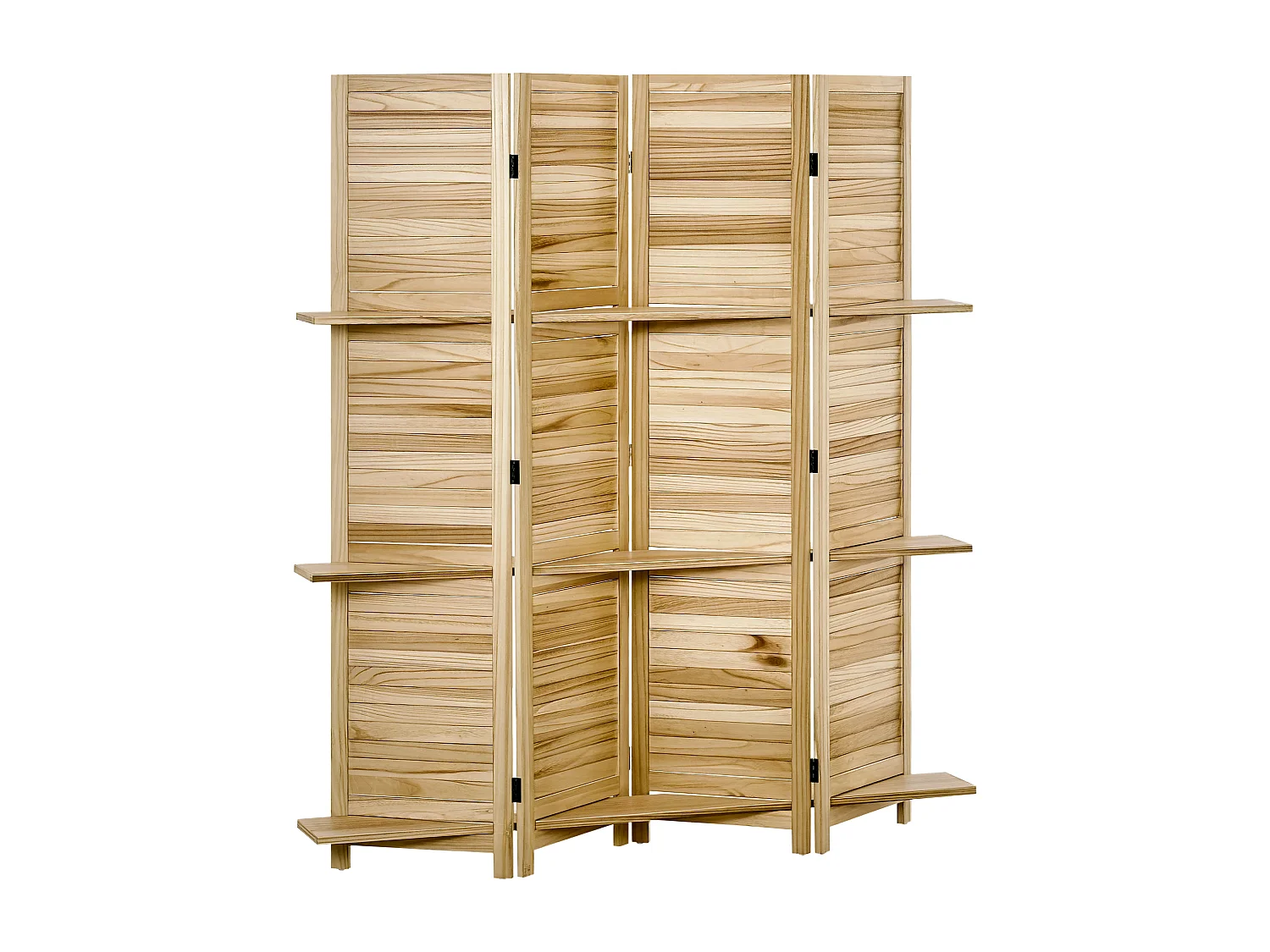 Paravent intérieur 4 panneaux 3 étagères pliables séparateur de pièce portes persiennes bois de paulownia aspect pin autoclave