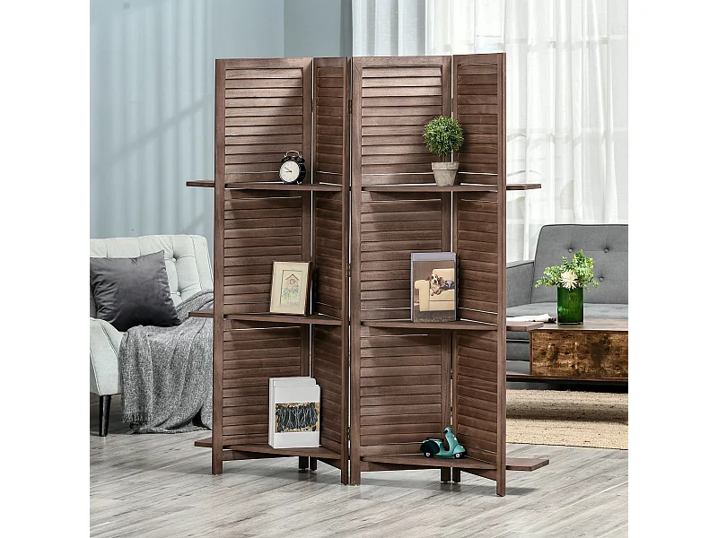 Paravent intérieur 4 panneaux 3 étagères pliables séparateur de pièce portes persiennes bois de paulownia aspect acajou foncé