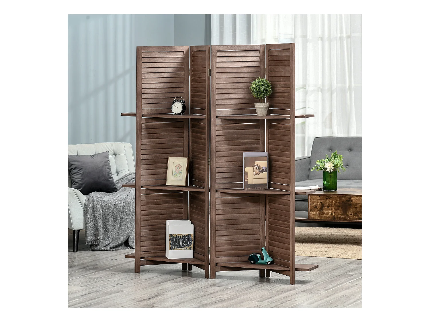 Paravent intérieur 4 panneaux 3 étagères pliables séparateur de pièce portes persiennes bois de paulownia aspect acajou foncé