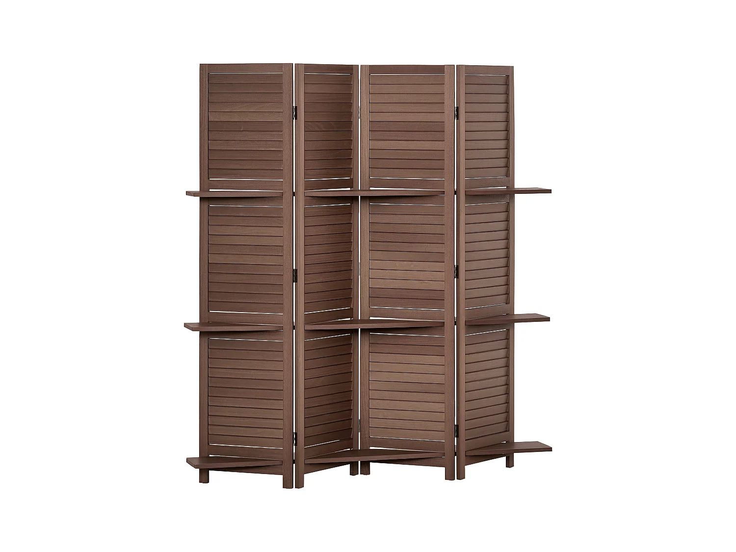Paravent intérieur 4 panneaux 3 étagères pliables séparateur de pièce portes persiennes bois de paulownia aspect acajou foncé