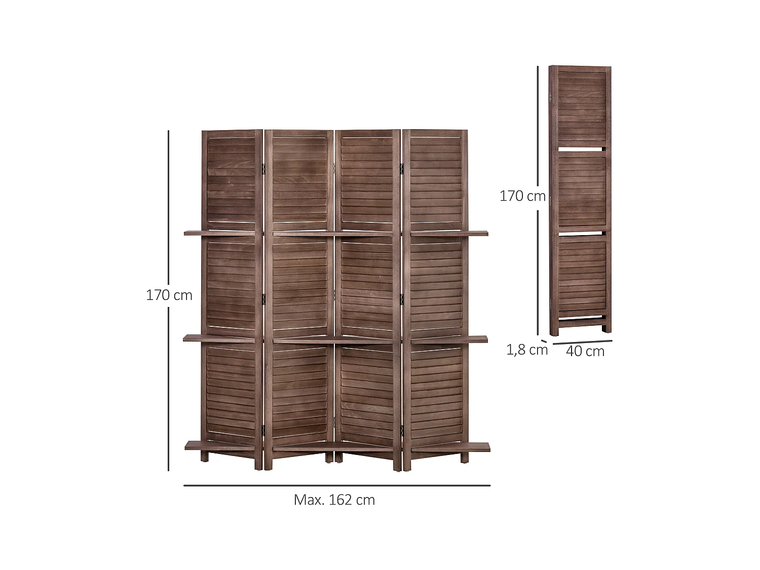 Paravent intérieur 4 panneaux 3 étagères pliables séparateur de pièce portes persiennes bois de paulownia aspect acajou foncé