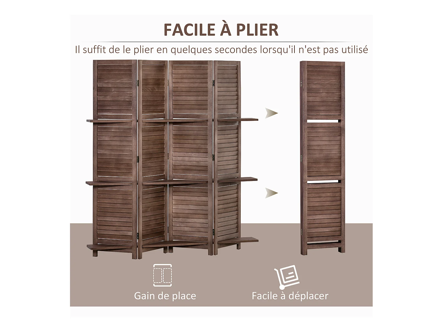 Paravent intérieur 4 panneaux 3 étagères pliables séparateur de pièce portes persiennes bois de paulownia aspect acajou foncé