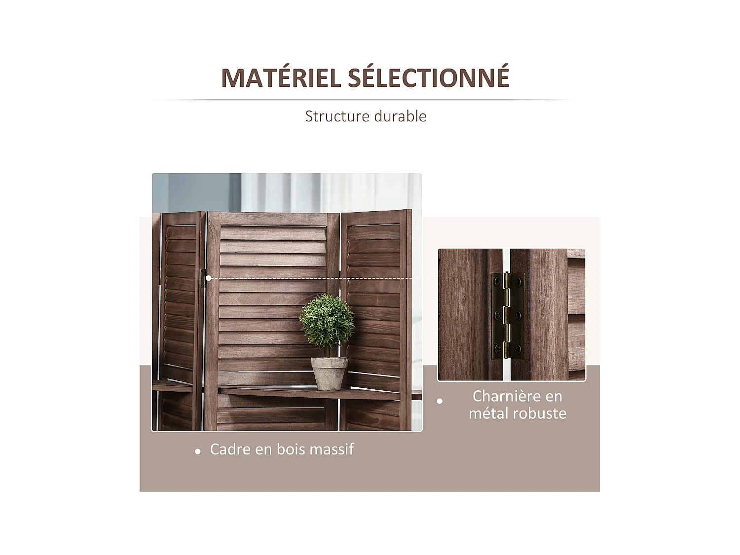 Paravent intérieur 4 panneaux 3 étagères pliables séparateur de pièce portes persiennes bois de paulownia aspect acajou foncé