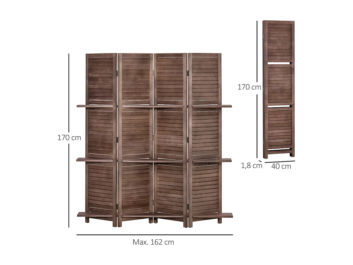 Paravent intérieur 4 panneaux 3 étagères pliables séparateur de pièce portes persiennes bois de paulownia aspect acajou foncé