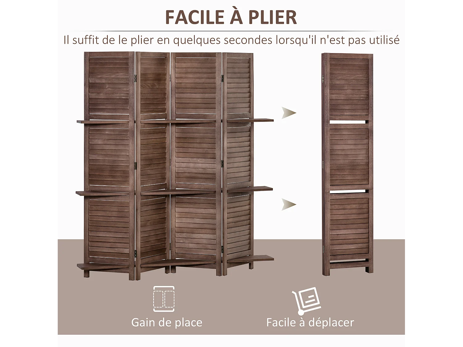 Paravent intérieur 4 panneaux 3 étagères pliables séparateur de pièce portes persiennes bois de paulownia aspect acajou foncé