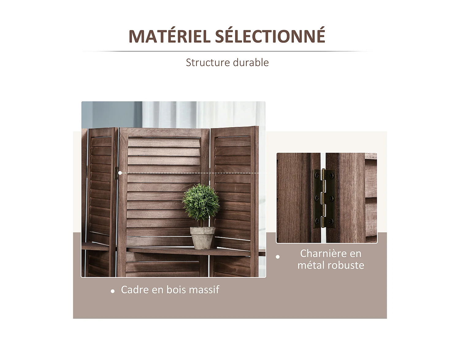 Paravent intérieur 4 panneaux 3 étagères pliables séparateur de pièce portes persiennes bois de paulownia aspect acajou foncé