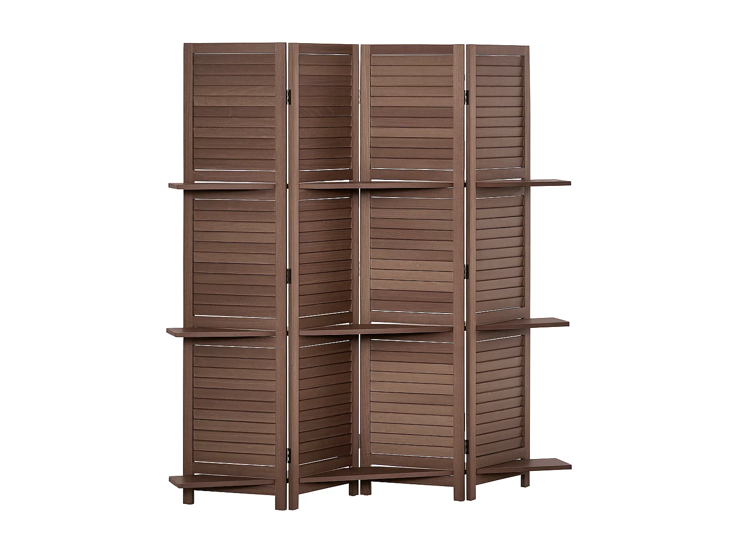 Paravent intérieur 4 panneaux 3 étagères pliables séparateur de pièce portes persiennes bois de paulownia aspect acajou foncé