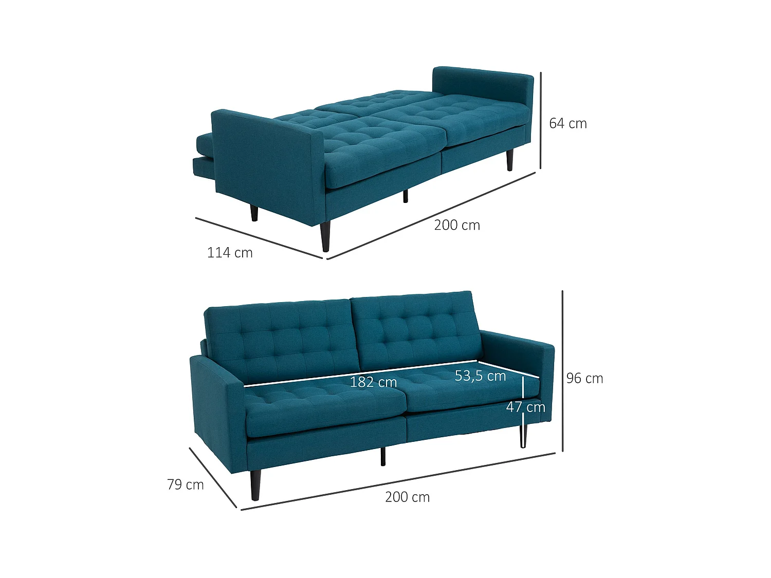 Canapé convertible 2 places design contemporain dossier inclinable indépendamment 3 positions lin bleu canard