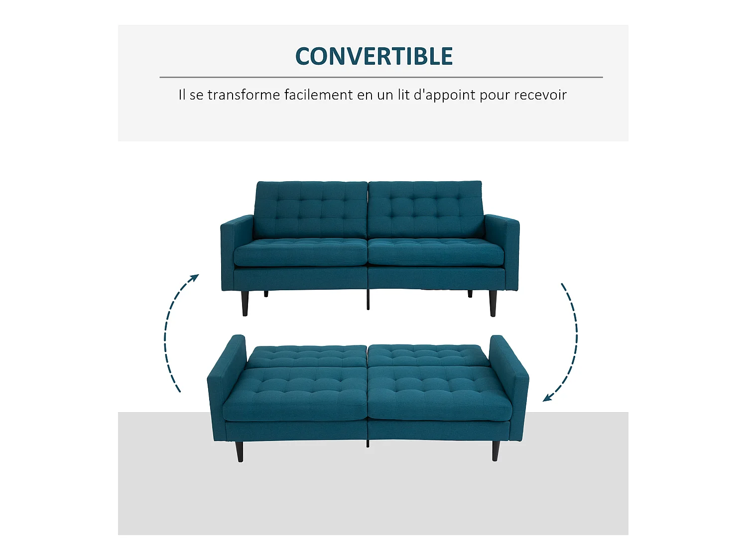 Canapé convertible 2 places design contemporain dossier inclinable indépendamment 3 positions lin bleu canard