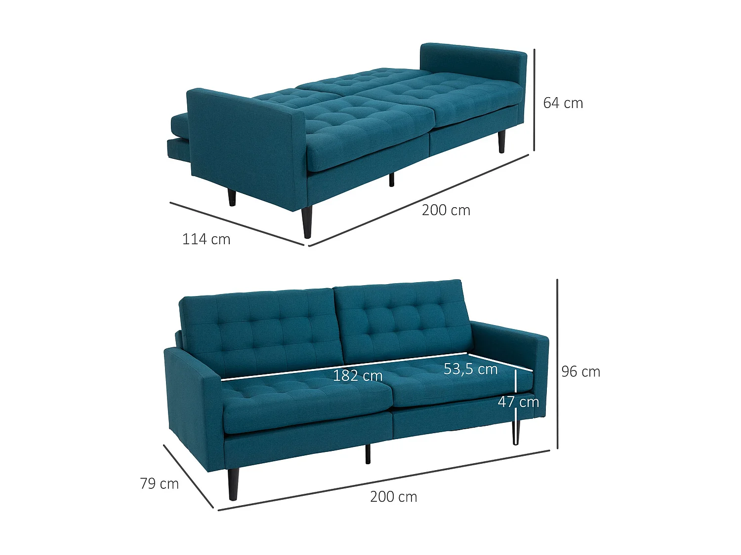 Canapé convertible 2 places design contemporain dossier inclinable indépendamment 3 positions lin bleu canard