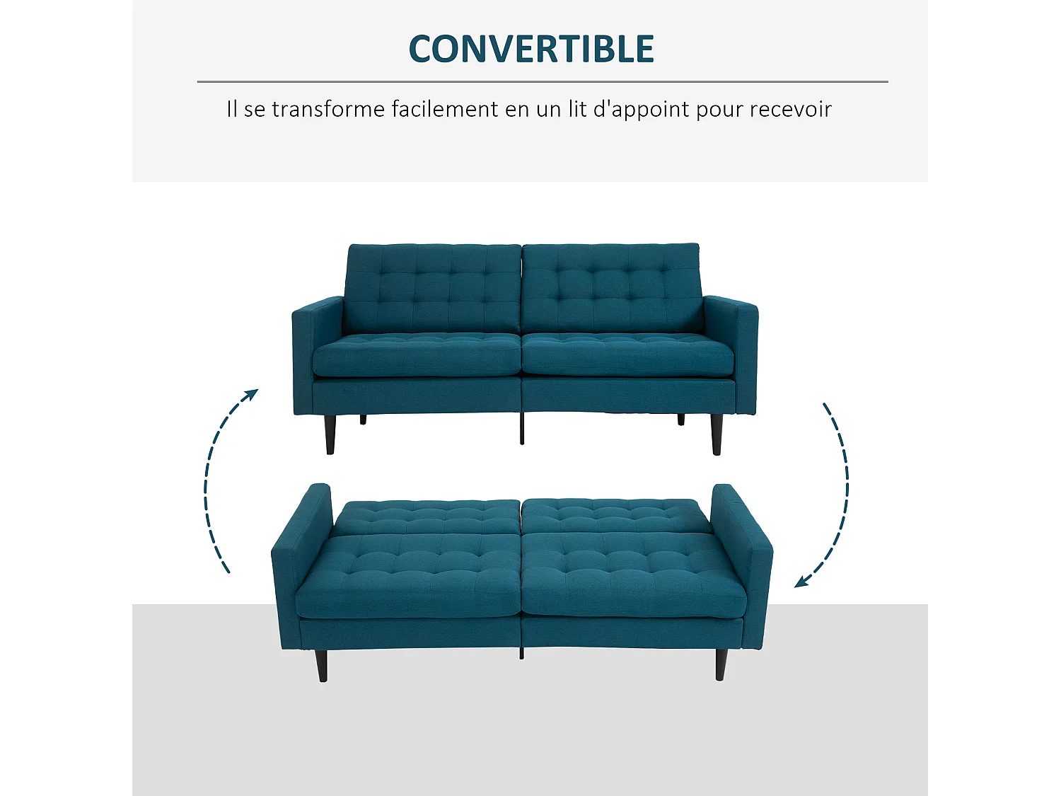 Canapé convertible 2 places design contemporain dossier inclinable indépendamment 3 positions lin bleu canard