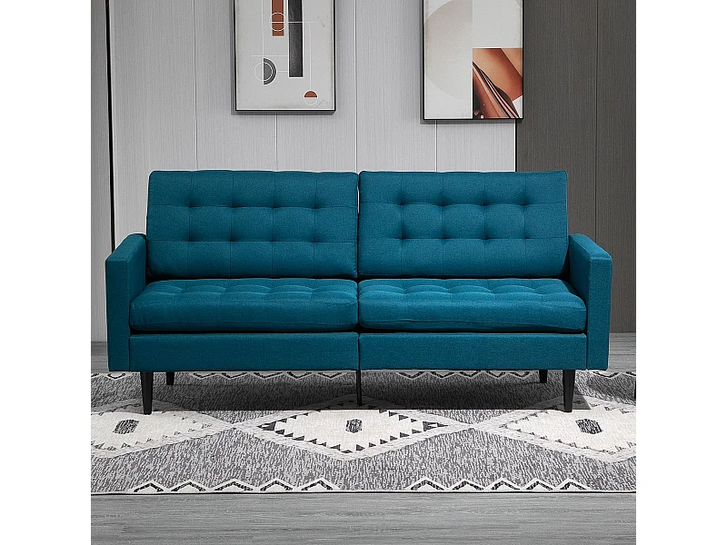 Canapé convertible 2 places design contemporain dossier inclinable indépendamment 3 positions lin bleu canard