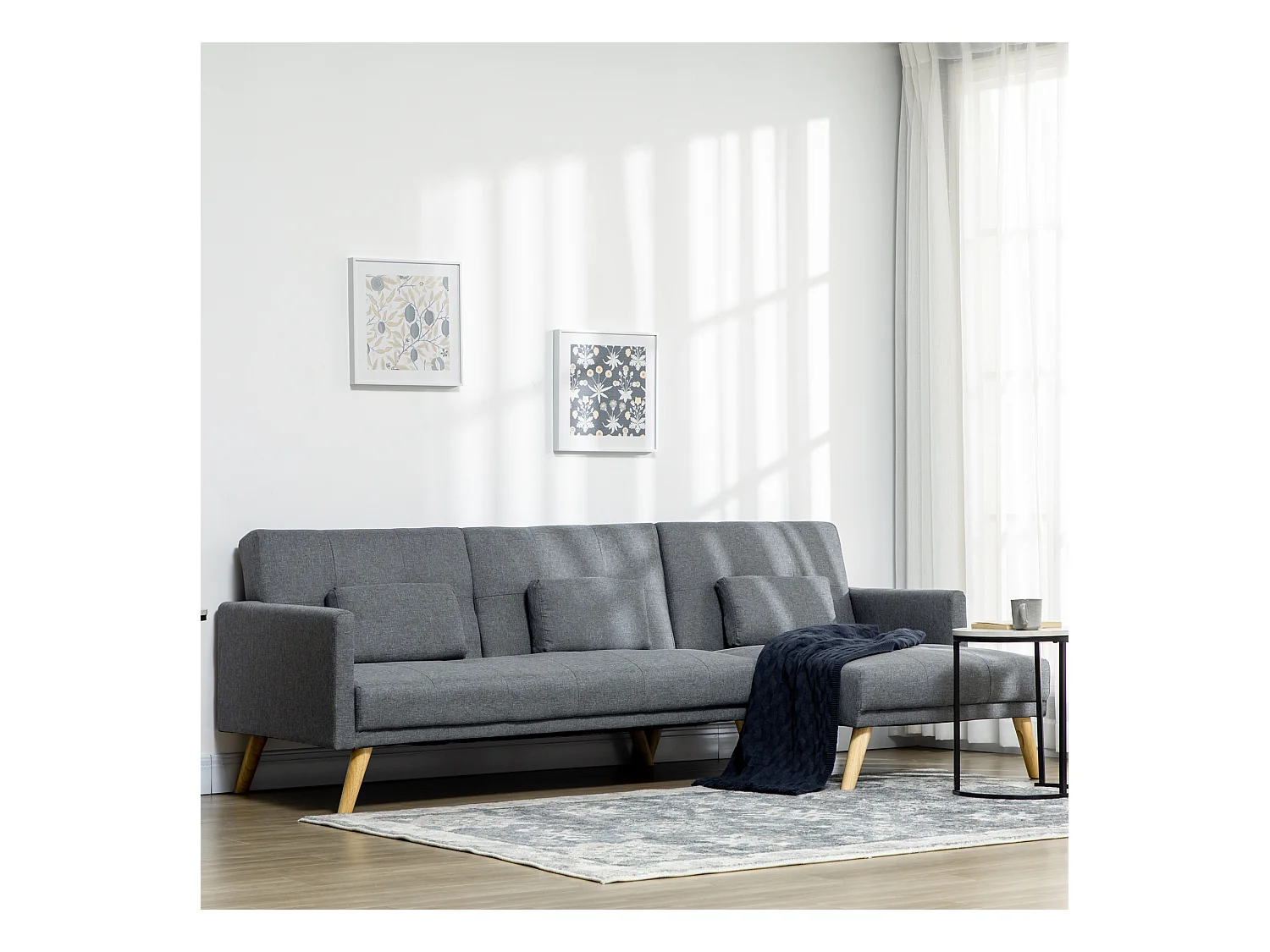 Canapé d'angle convertible 3 places design scandinave - réversible, effet capitonné, 3 coussins déco - piètement bois tissu aspect lin gris