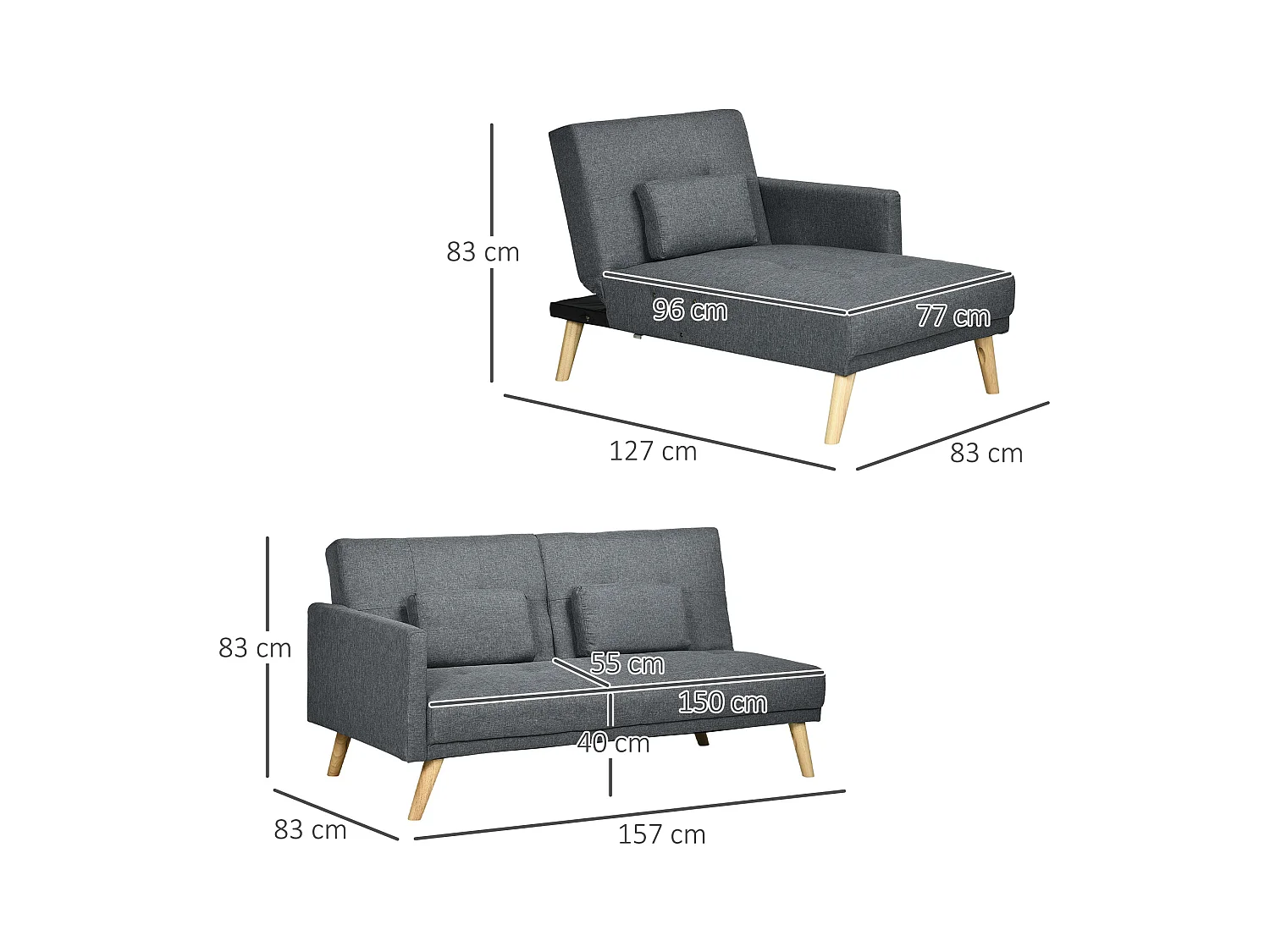 Canapé d'angle convertible 3 places design scandinave - réversible, effet capitonné, 3 coussins déco - piètement bois tissu aspect lin gris