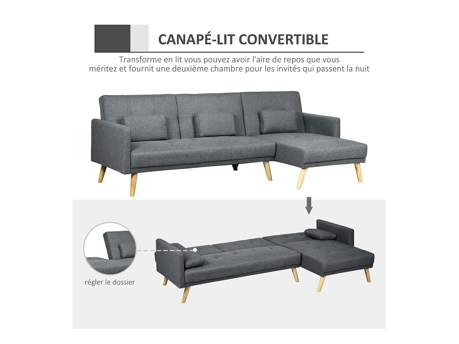 Canapé d'angle convertible 3 places design scandinave - réversible, effet capitonné, 3 coussins déco - piètement bois tissu aspect lin gris