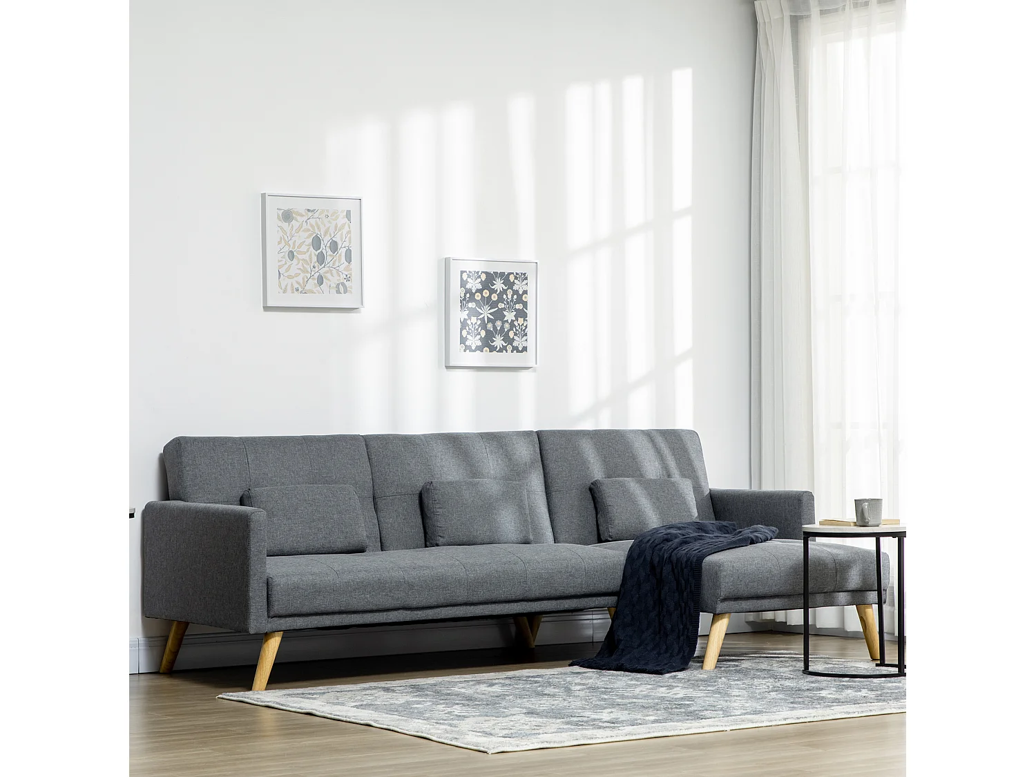 Canapé d'angle convertible 3 places design scandinave - réversible, effet capitonné, 3 coussins déco - piètement bois tissu aspect lin gris