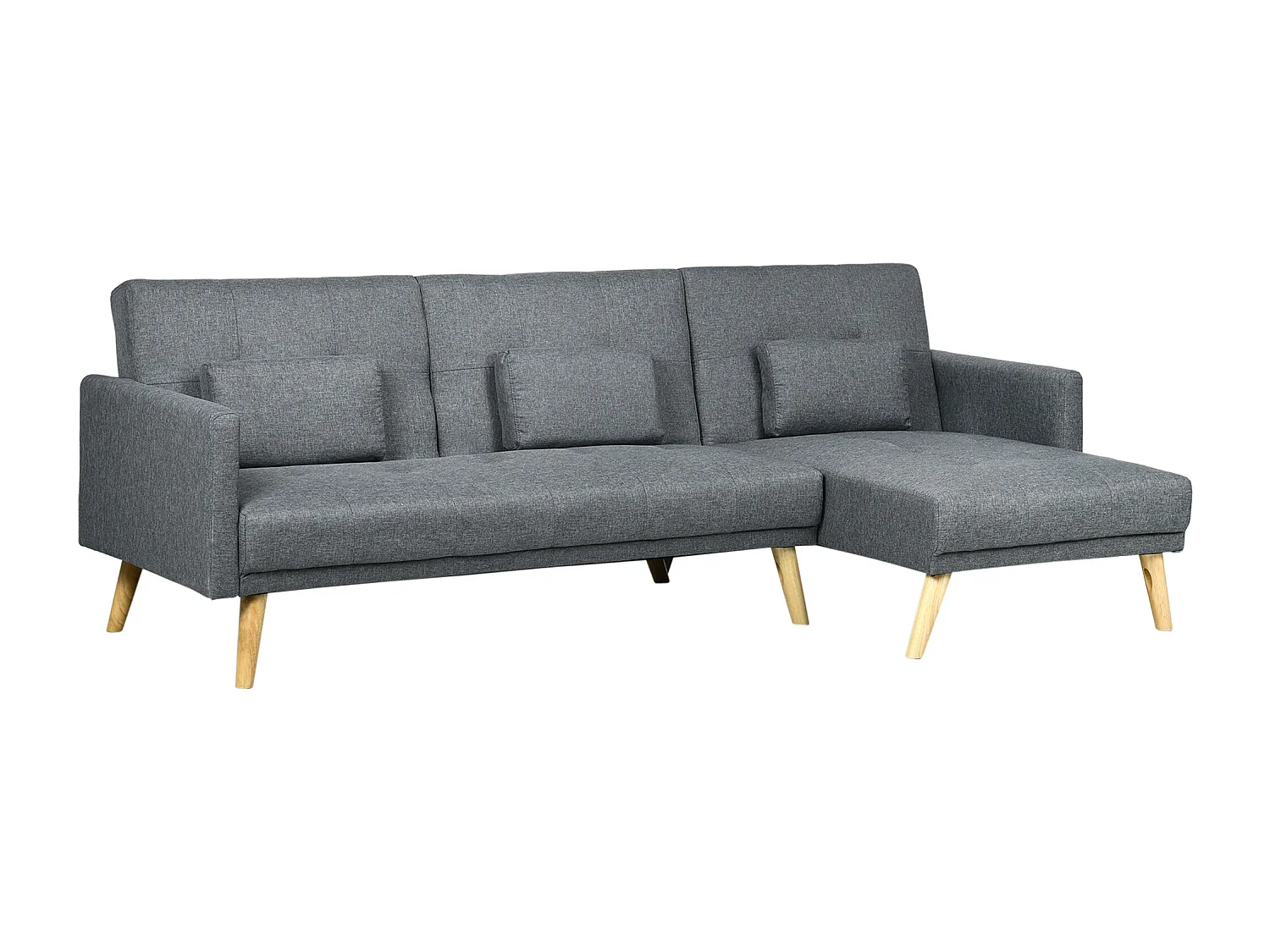 Canapé d'angle convertible 3 places design scandinave - réversible, effet capitonné, 3 coussins déco - piètement bois tissu aspect lin gris