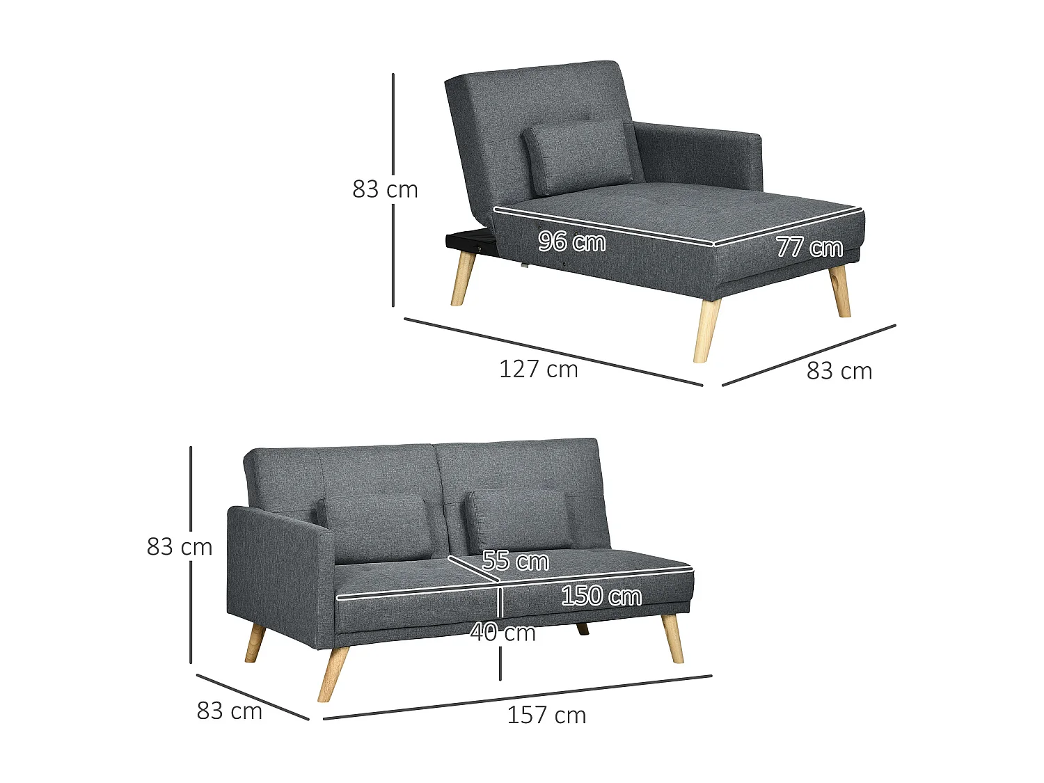 Canapé d'angle convertible 3 places design scandinave - réversible, effet capitonné, 3 coussins déco - piètement bois tissu aspect lin gris