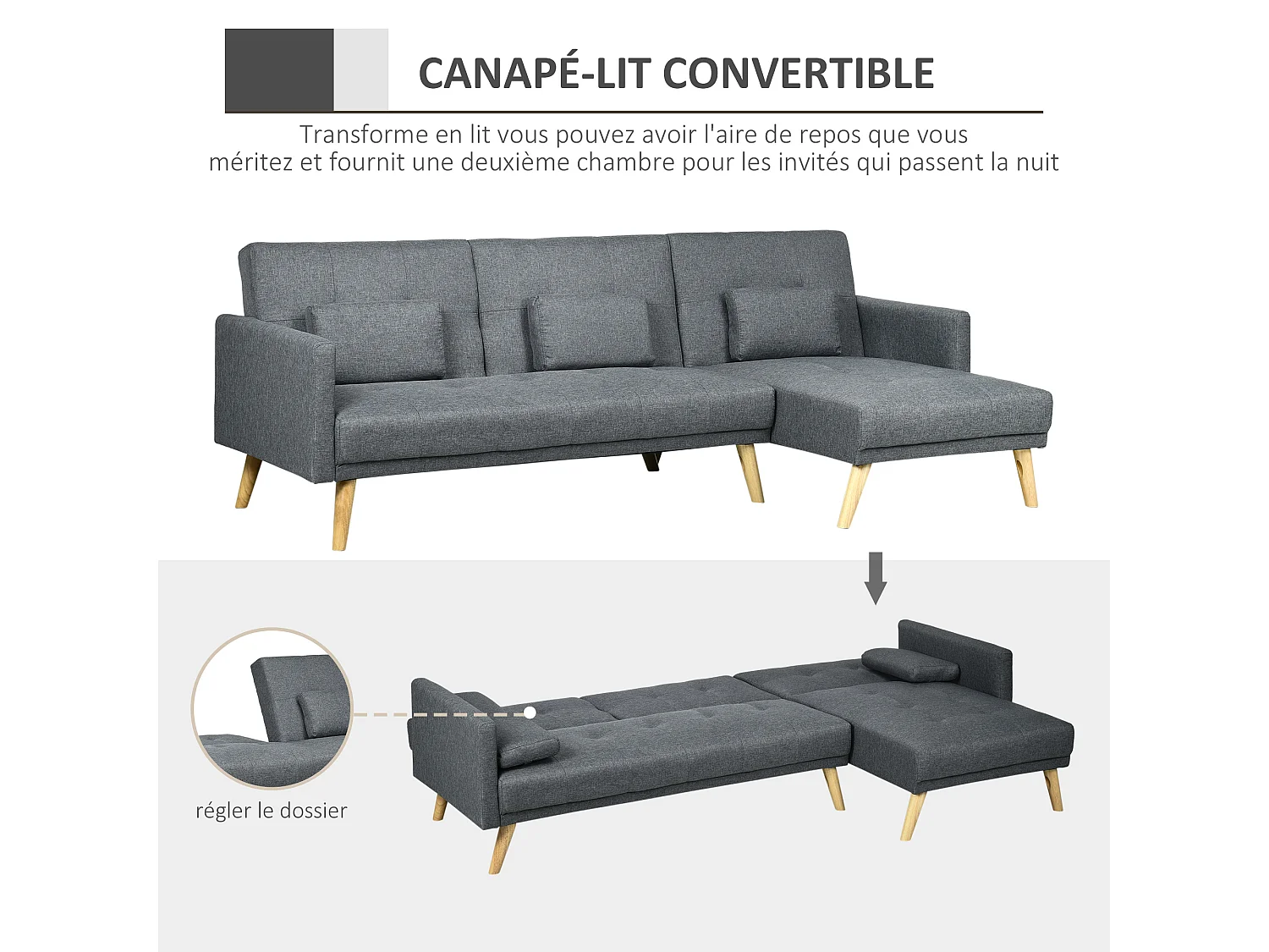Canapé d'angle convertible 3 places design scandinave - réversible, effet capitonné, 3 coussins déco - piètement bois tissu aspect lin gris