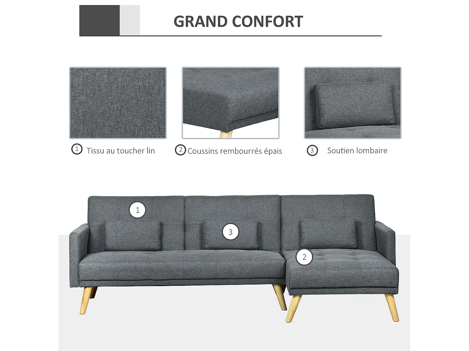 Canapé d'angle convertible 3 places design scandinave - réversible, effet capitonné, 3 coussins déco - piètement bois tissu aspect lin gris