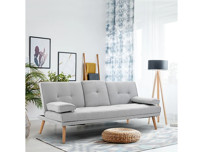 Canapé convertible 3 places design scandinave inclinaison dossier réglable 3 niveaux dossier central rabattable 2 porte-verres bois massif lin gris clair
