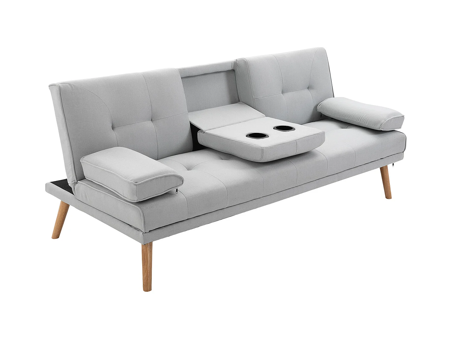 Canapé convertible 3 places design scandinave inclinaison dossier réglable 3 niveaux dossier central rabattable 2 porte-verres bois massif lin gris clair