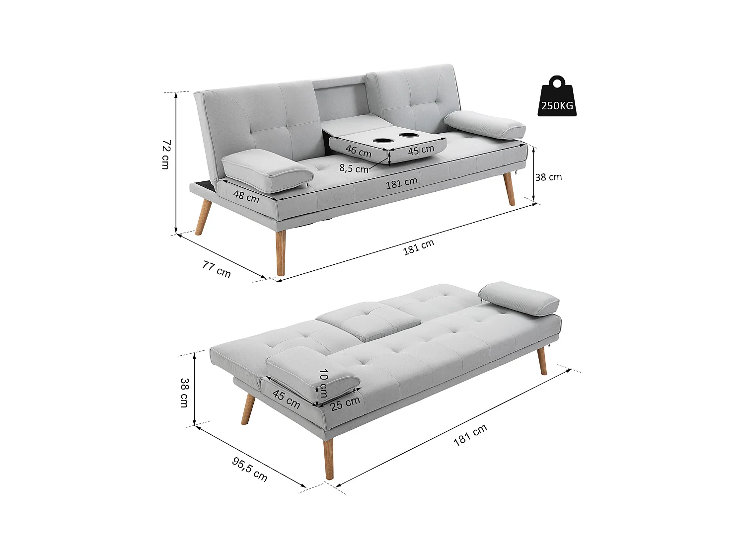 Canapé convertible 3 places design scandinave inclinaison dossier réglable 3 niveaux dossier central rabattable 2 porte-verres bois massif lin gris clair