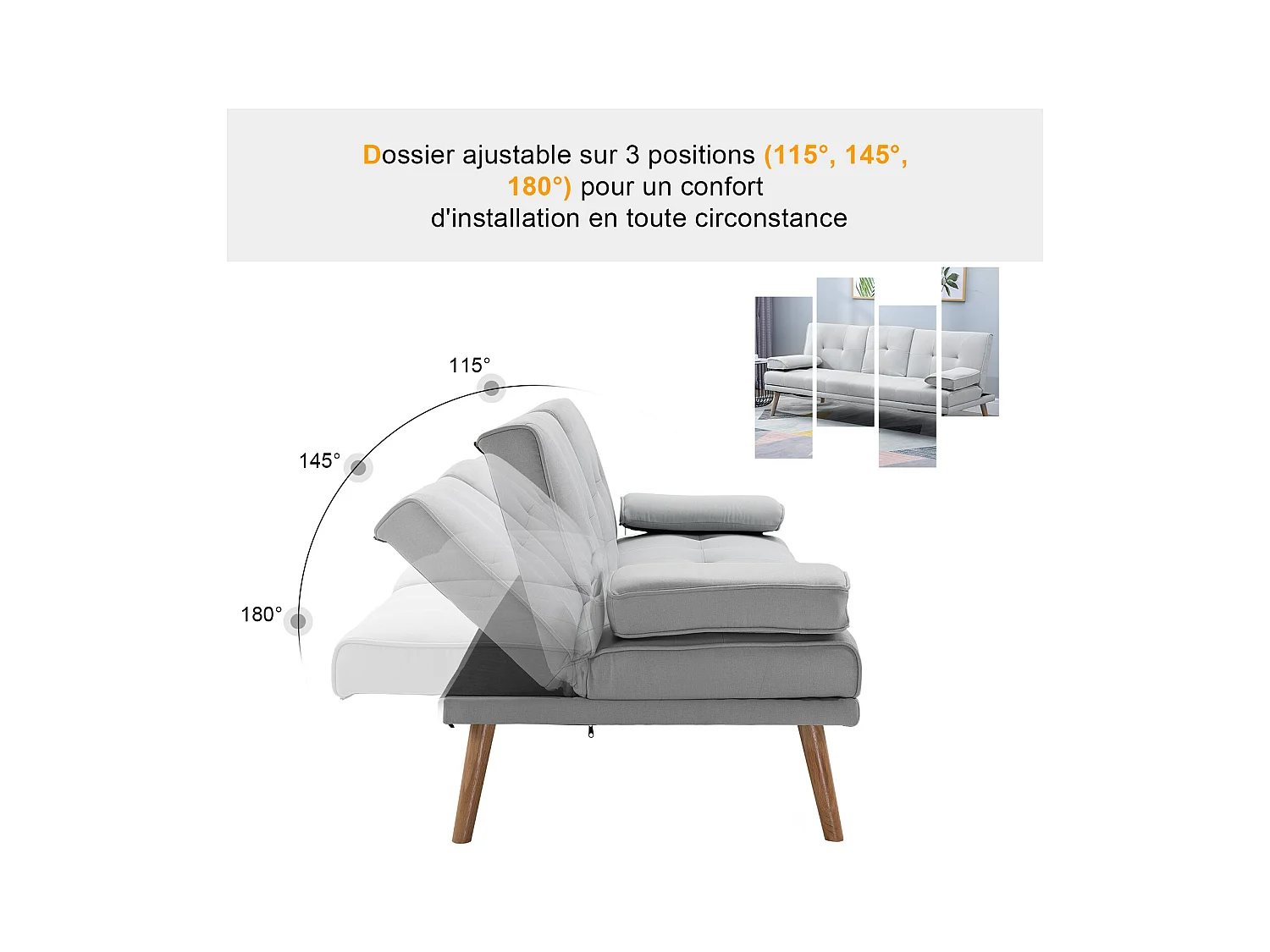 Canapé convertible 3 places design scandinave inclinaison dossier réglable 3 niveaux dossier central rabattable 2 porte-verres bois massif lin gris clair
