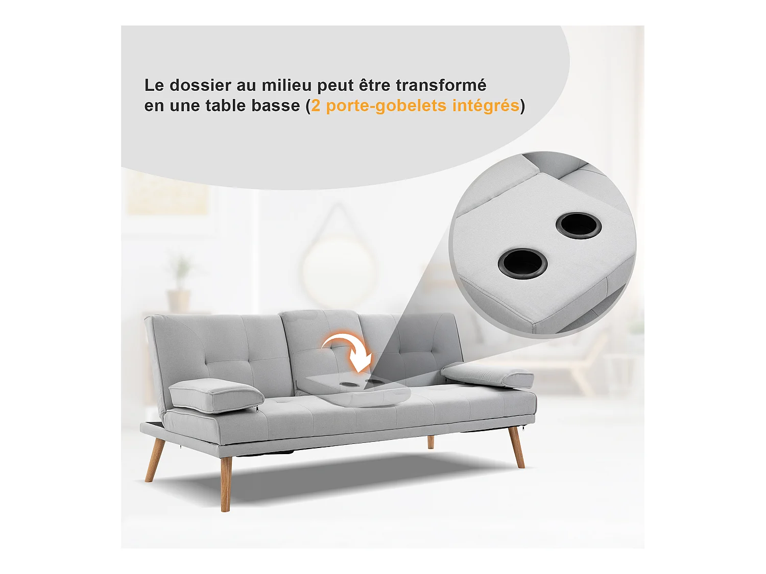 Canapé convertible 3 places design scandinave inclinaison dossier réglable 3 niveaux dossier central rabattable 2 porte-verres bois massif lin gris clair