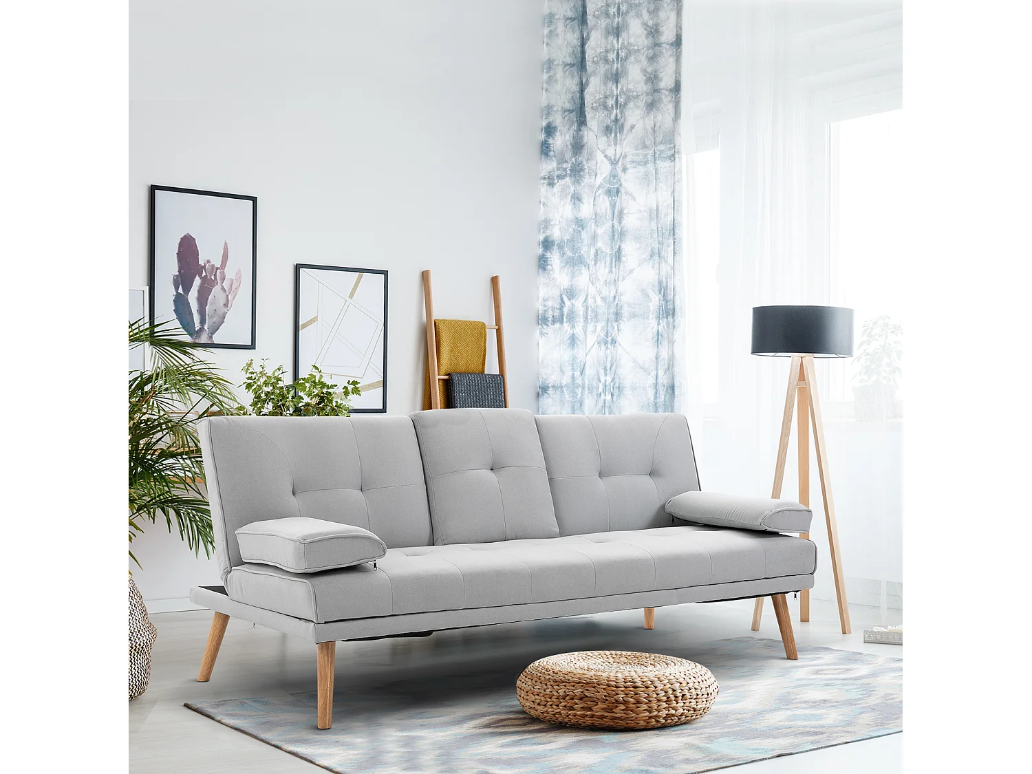 Canapé convertible 3 places design scandinave inclinaison dossier réglable 3 niveaux dossier central rabattable 2 porte-verres bois massif lin gris clair