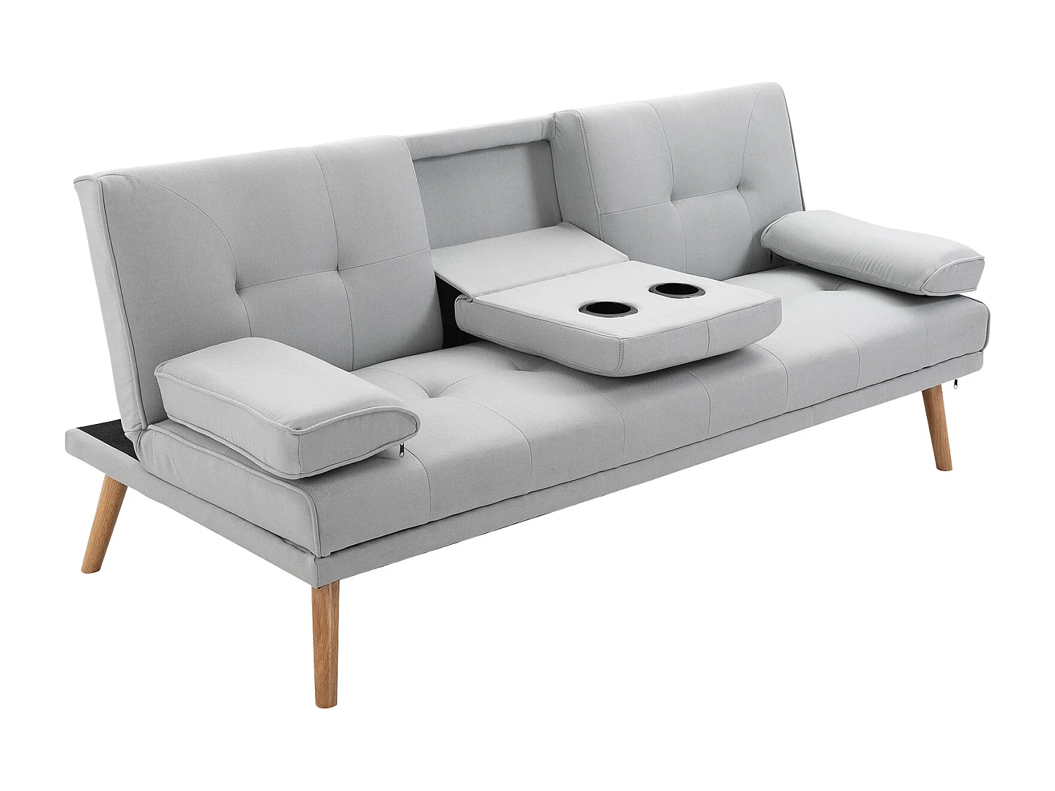 Canapé convertible 3 places design scandinave inclinaison dossier réglable 3 niveaux dossier central rabattable 2 porte-verres bois massif lin gris clair