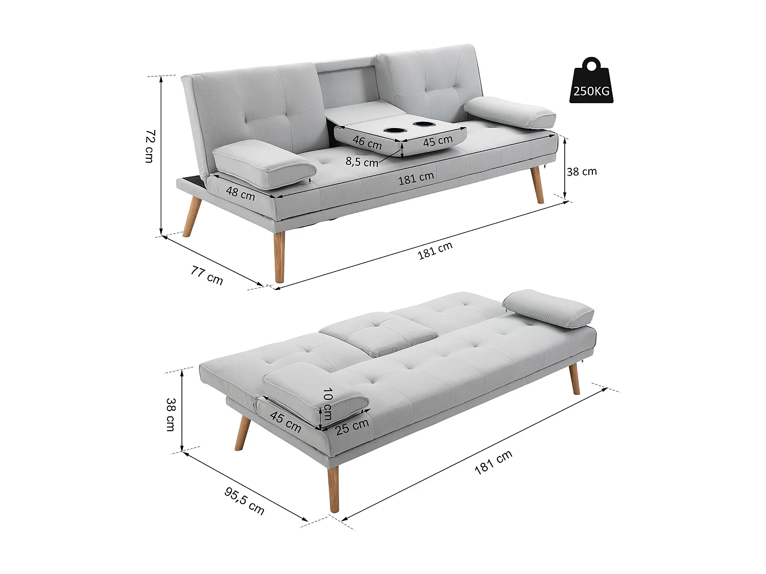 Canapé convertible 3 places design scandinave inclinaison dossier réglable 3 niveaux dossier central rabattable 2 porte-verres bois massif lin gris clair