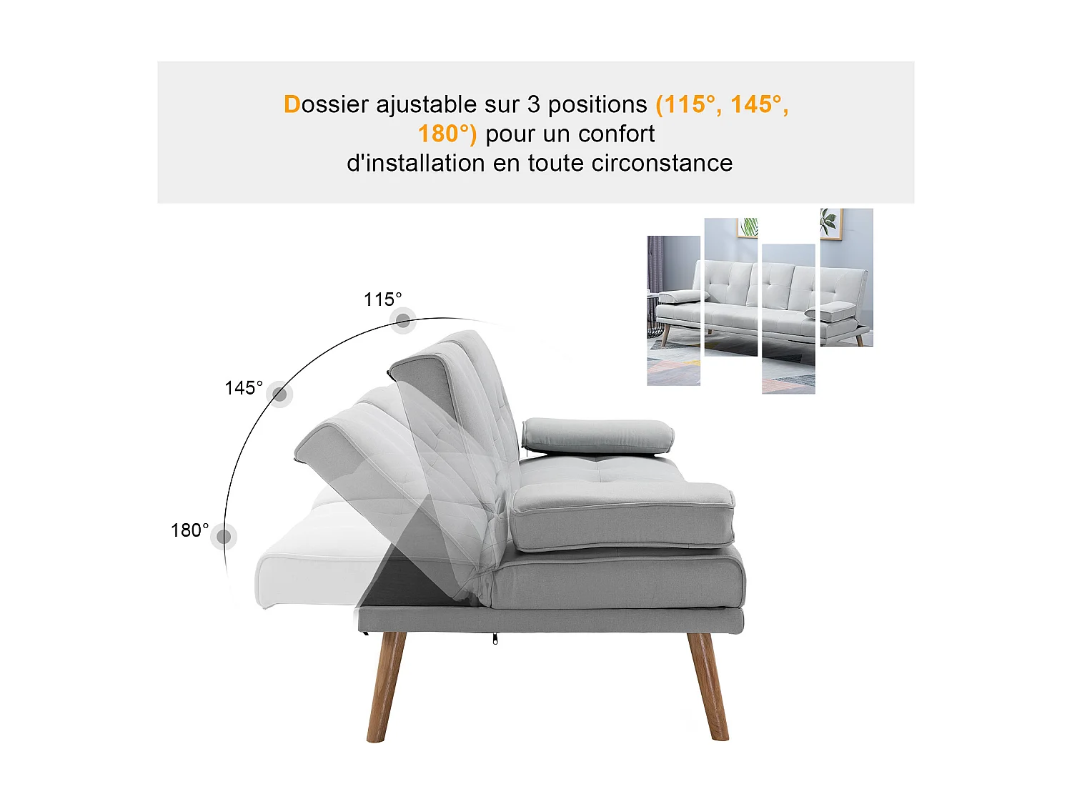 Canapé convertible 3 places design scandinave inclinaison dossier réglable 3 niveaux dossier central rabattable 2 porte-verres bois massif lin gris clair